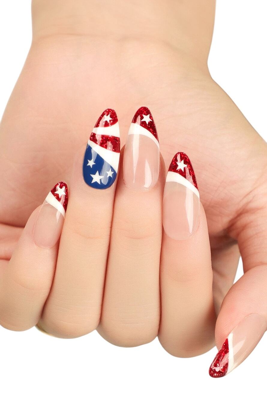 Red White Blue Patriotic American Flag Set of 24 Press On Nails